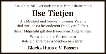 Traueranzeige von Ilse Tietjen von SYK