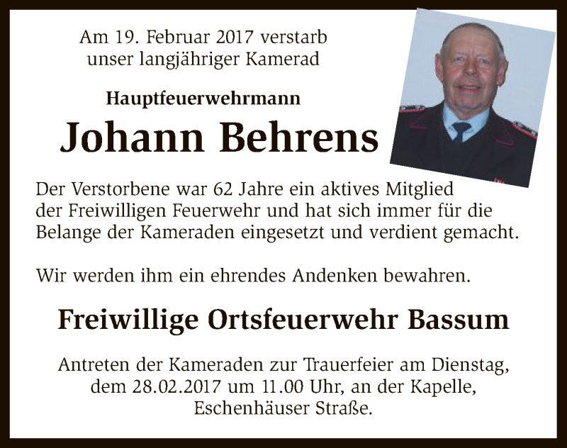  Traueranzeige für Johann Behrens vom 22.02.2017 aus SYK