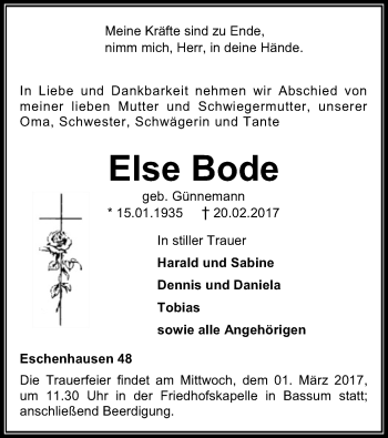 Traueranzeige von Else Bode von SYK