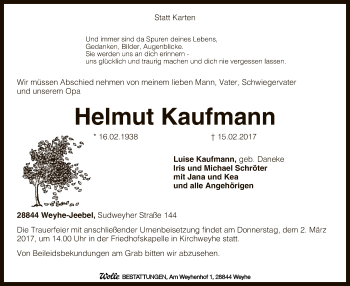 Traueranzeige von Helmut Kaufmann von SYK