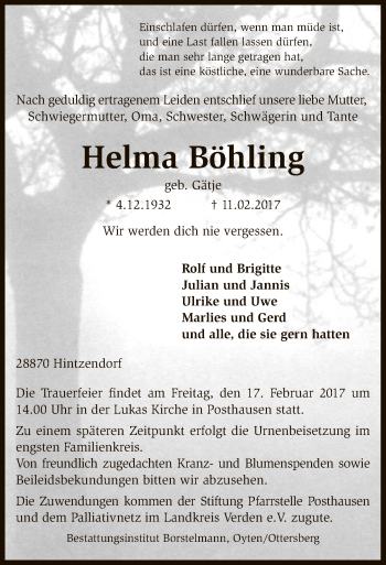 Traueranzeige von Helma Böhling von SYK