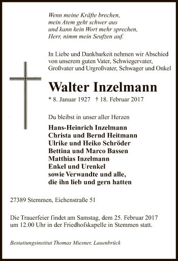 Traueranzeige von Walter Inzelmann von SYK