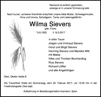 Traueranzeige von Wilma Sievers von SYK