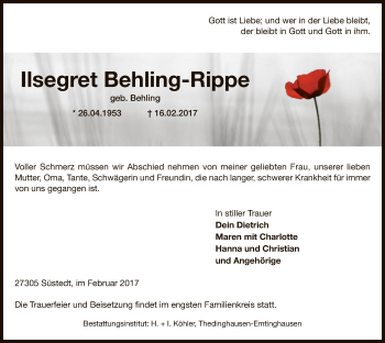 Traueranzeige von Ilsegret Behling-Rippe von SYK