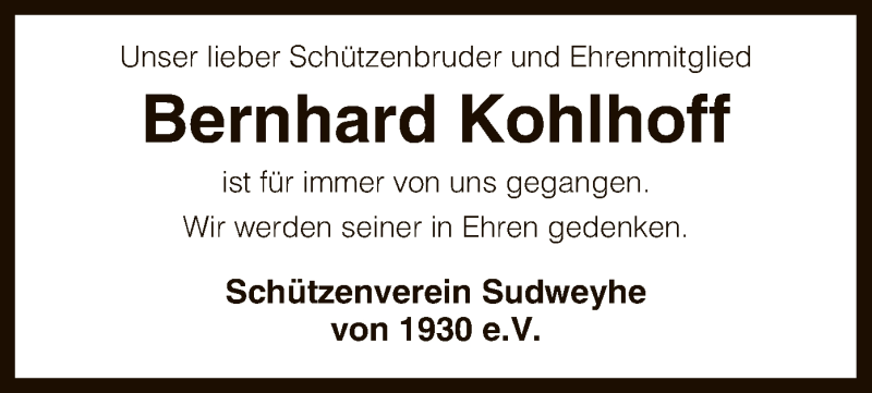  Traueranzeige für Bernhard Kohlhoff vom 01.02.2017 aus SYK