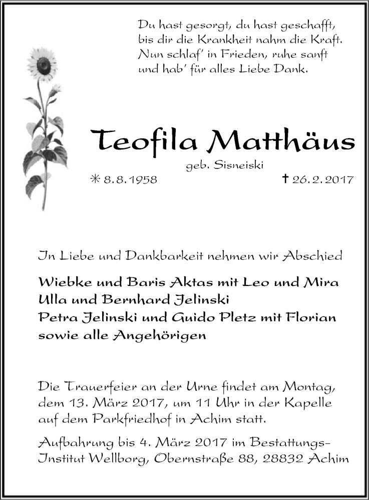  Traueranzeige für Teofila Matthäus vom 28.02.2017 aus SYK