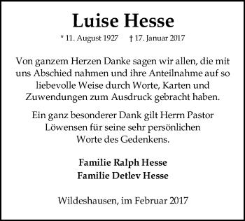 Traueranzeige von Luise Hesse von SYK