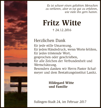 Traueranzeige von Fritz Witte von SYK