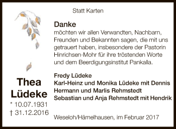 Traueranzeige von Thea Lüdeke von SYK