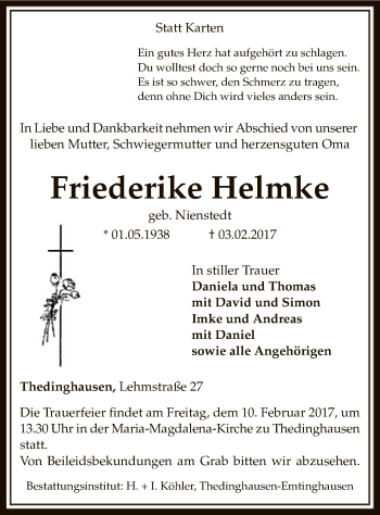 Traueranzeige von Friederike Helmke von SYK