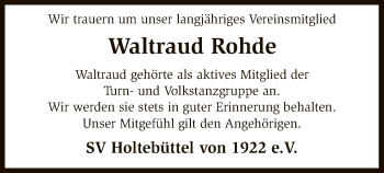 Traueranzeige von Waltraud Rohde von SYK