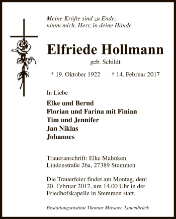 Traueranzeige von Elfriede Hollmann von SYK