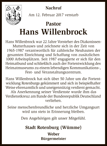 Traueranzeige von Hans Willenbrock von SYK