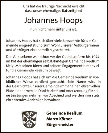 Traueranzeige von Johannes Hoops von SYK