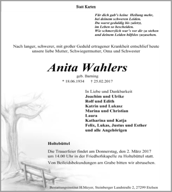 Traueranzeige von Anita Wahlers von SYK