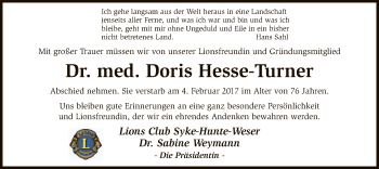 Traueranzeige von Doris Hesse-Turner von SYK