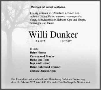 Traueranzeige von Willi Dunker von SYK