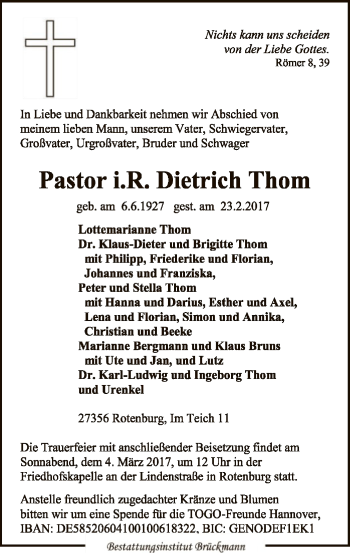 Traueranzeige von Dietrich Thom von SYK
