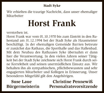 Traueranzeige von Horst Frank von SYK