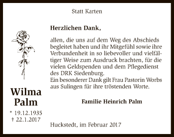 Traueranzeige von Wilma Palm von SYK