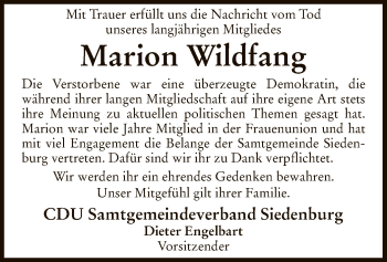 Traueranzeige von Marion Wildfang von SYK
