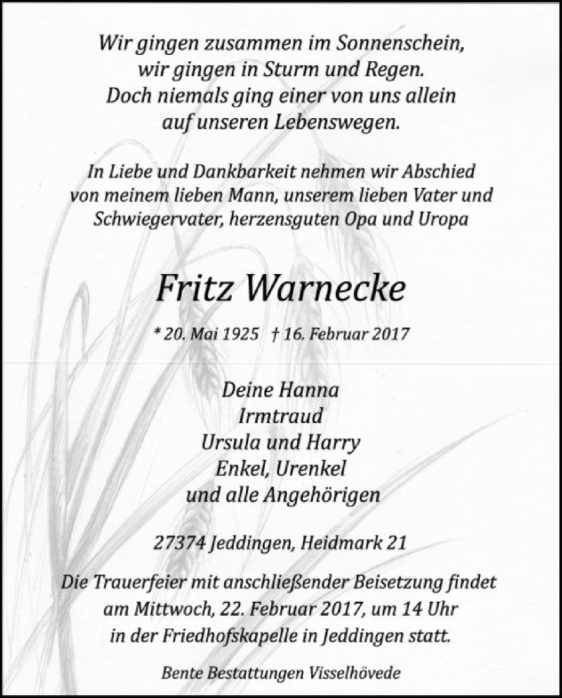  Traueranzeige für Fritz Warnecke vom 20.02.2017 aus SYK