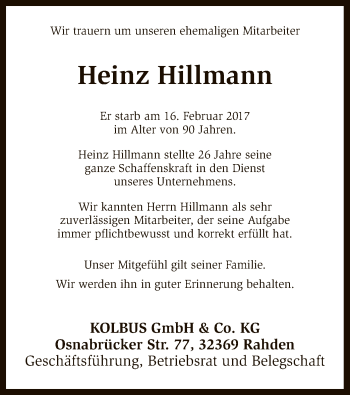 Traueranzeige von Heinz Hillmann von SYK
