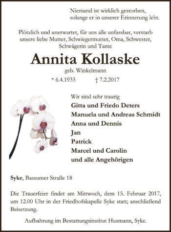 Traueranzeige von Annita Kollaske von SYK