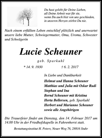 Traueranzeige von Lucie Scheuner von SYK