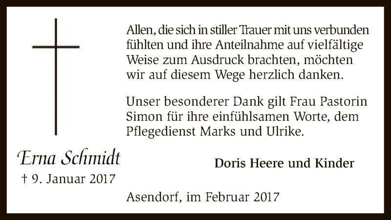  Traueranzeige für Erna Schmidt vom 04.02.2017 aus SYK