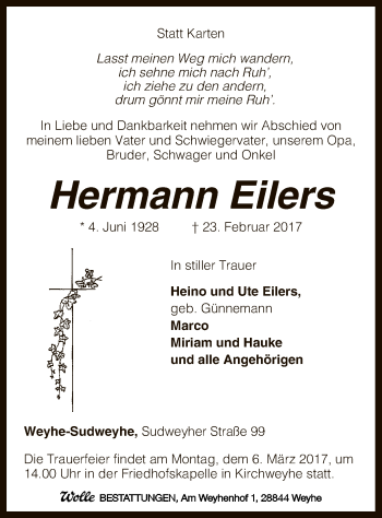 Traueranzeige von Hermann Eilers von SYK