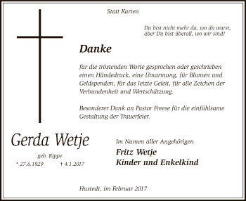 Traueranzeige von Gerda Wetje von SYK