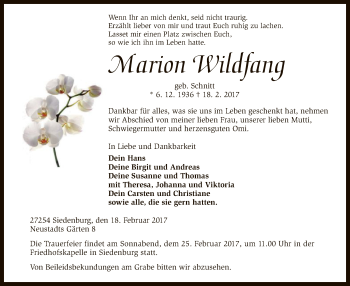 Traueranzeige von Marion Wildfang von SYK