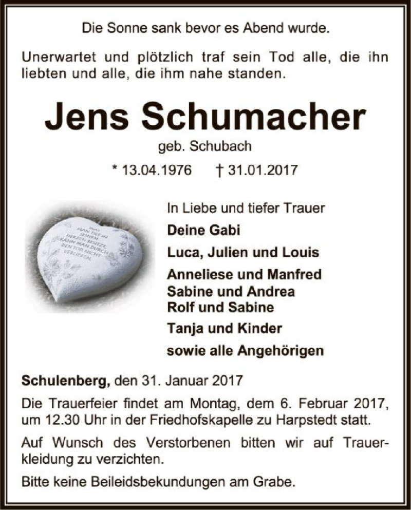  Traueranzeige für Jens Schumacher vom 02.02.2017 aus SYK