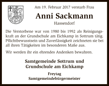 Traueranzeige von Anni Sackmann von SYK