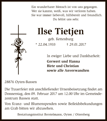 Traueranzeige von Ilse Tietjen von SYK