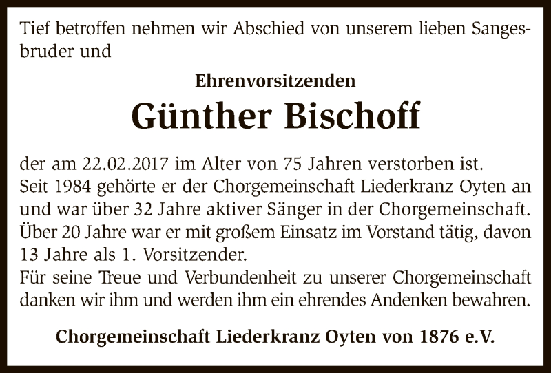  Traueranzeige für Günther Bischoff vom 25.02.2017 aus SYK