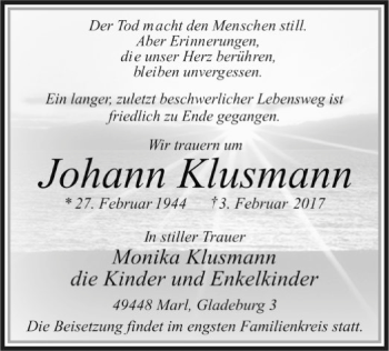 Traueranzeige von Johann Klusmann von SYK