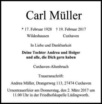 Traueranzeige von Carl Müller von SYK