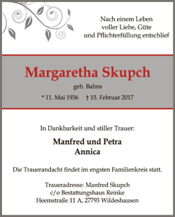 Traueranzeige von Margaretha Skupch von SYK