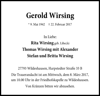 Traueranzeige von Gerold Wirsing von SYK