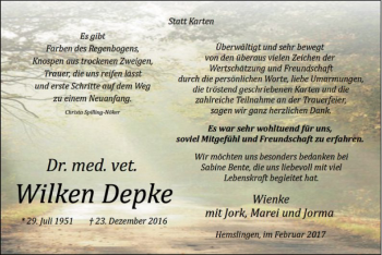 Traueranzeige von Wilken Depke von SYK