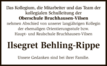 Traueranzeige von Ilsegret Behling-Rippe von SYK