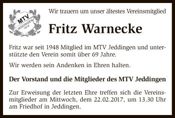 Traueranzeige von Fritz Warnecke von SYK