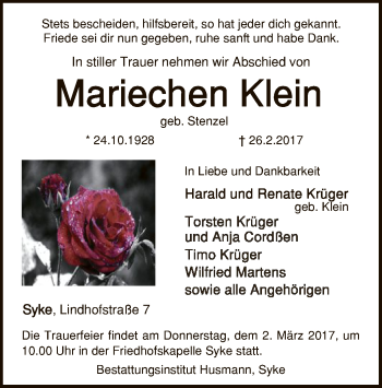 Traueranzeige von Mariechen Klein von SYK