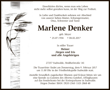 Traueranzeige von Marlene Denker von SYK