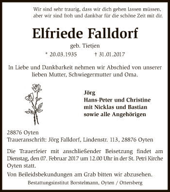 Traueranzeige von Elfriede Falldorf von SYK