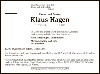 Traueranzeige von Klaus Hagen von SYK