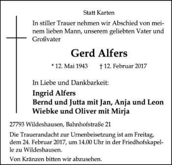 Traueranzeige von Gerd Alfers von SYK