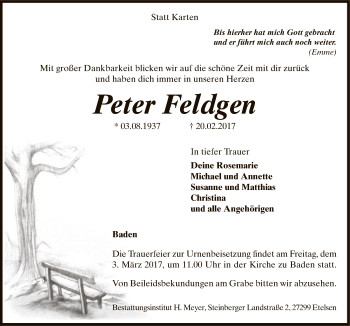 Traueranzeige von Peter Feldgen von SYK